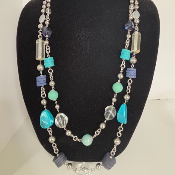 Chicos Long Necklace Multi-Bead Faux Gemstone Silver Chain Contemporary 40" Blue - Picture 8 of 8